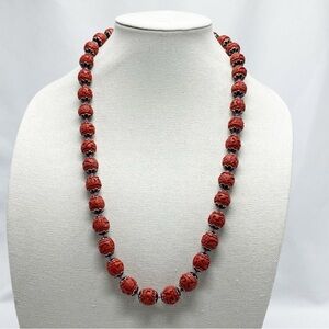 Vintage Antique Chinoiserie Red Carved Cinnabar Bead Necklace 28 in